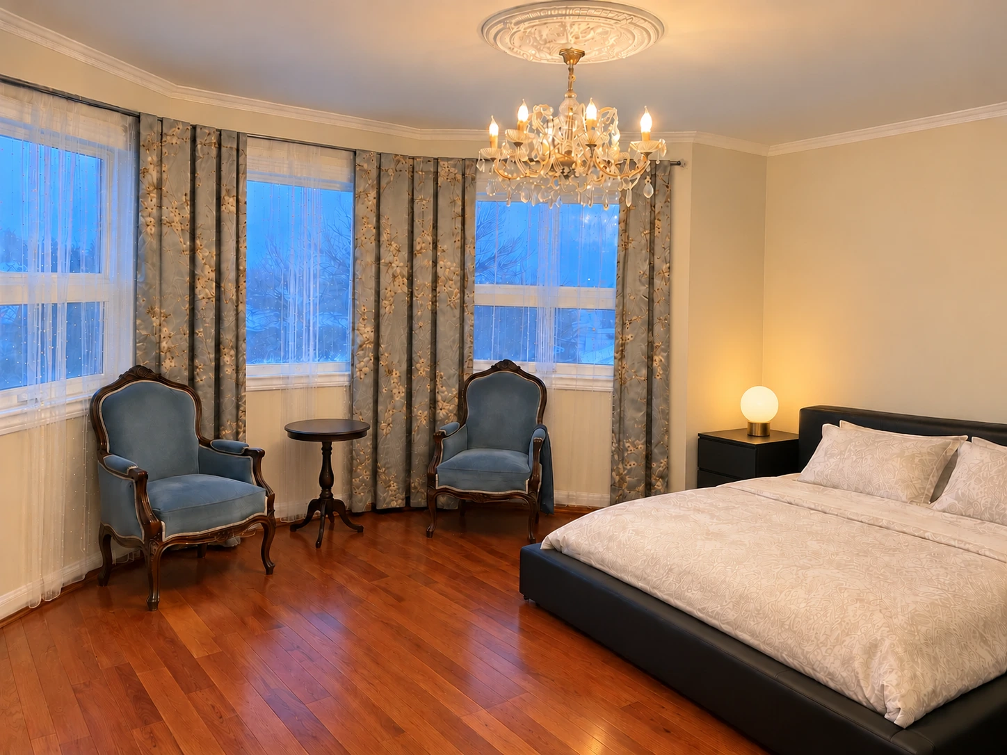Renovated Sherwood Park single-family house bedroom; digitally restyled